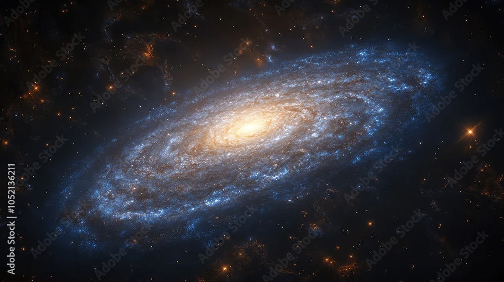 Fototapeta premium A galaxy glowing in shades of blue, with its spiral arms elegantly swirling and illuminated by the light of young stars