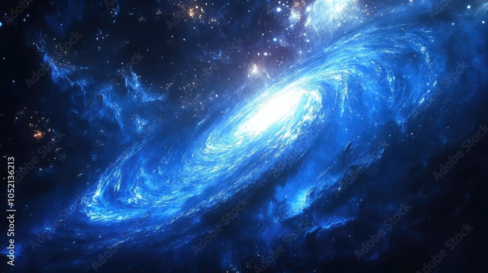 Fototapeta premium A galaxy glowing in shades of blue, with its spiral arms elegantly swirling and illuminated by the light of young stars