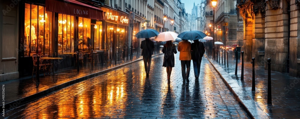 A serene evening scene of people walking with umbrellas along a rainy street, illuminated by warm lights from nearby cafes. A serene evening scene of people walking with umbrellas along a rainy street, illuminated by warm lights from nearby cafes.