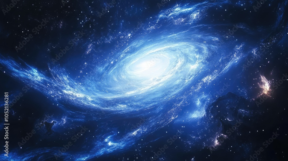Fototapeta premium A glowing blue galaxy surrounded by a sea of stars, its spirals of light dancing with shades of cerulean and indigo