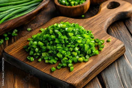 Chopped green onions on a cutting board, with small rings and vibrant green color, ready for garnish