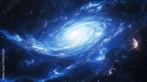 A glowing blue galaxy surrounded by a sea of stars, its spirals of light dancing with shades of cerulean and indigo