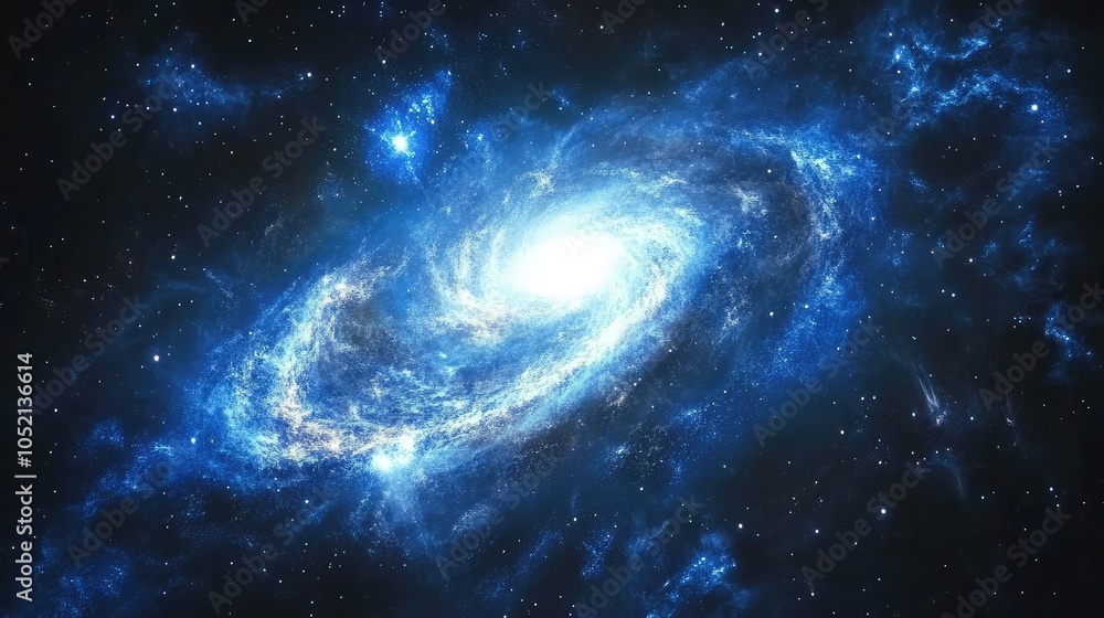 A stunning blue galaxy glowing in the vastness of space, with spiraling arms of bright azure stars and ethereal blue nebulae illuminating the darkness A stunning blue galaxy glowing in the vastness of space, with spiraling arms of bright azure stars and ethereal blue nebulae illuminating the darkness