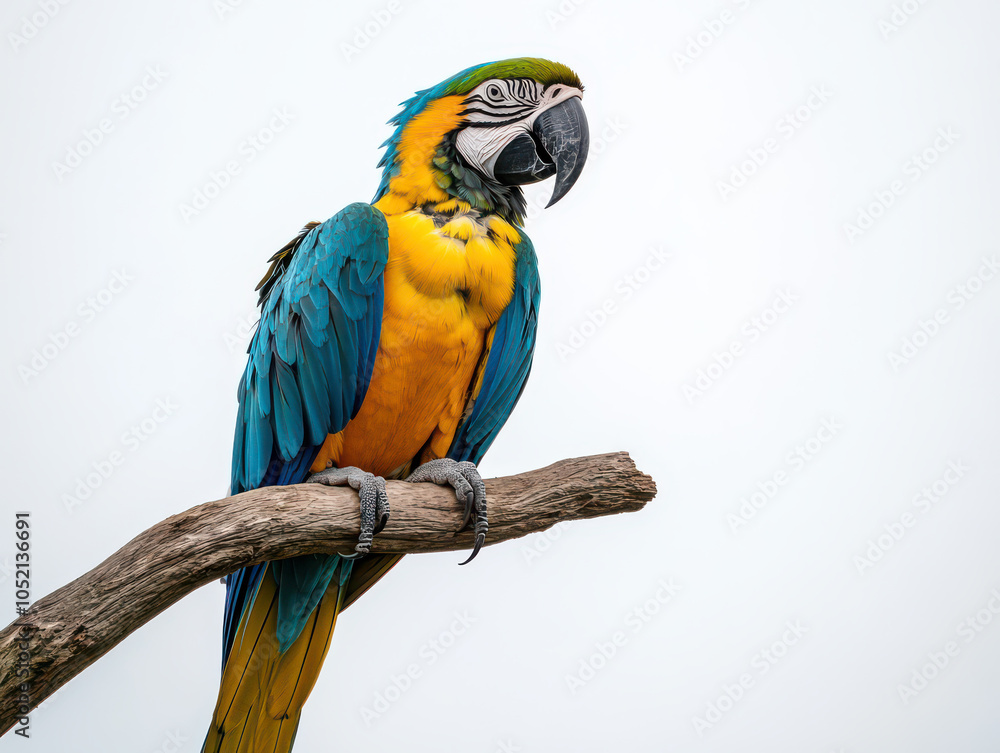 Fototapeta premium Vibrant blue and yellow parrot perched on a branch against a clear sky.