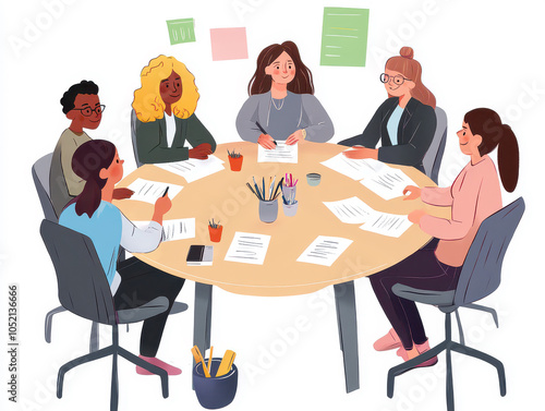 Diverse group of women collaborating around a round table, sharing ideas and documents in a bright, creative workspace.