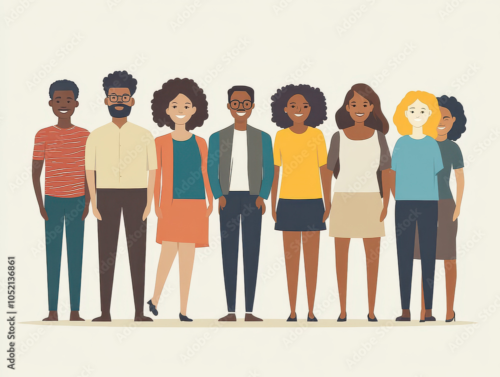 Fototapeta premium Diverse group of young adults standing together, smiling and showcasing unity and friendship in a bright, uplifting illustration.