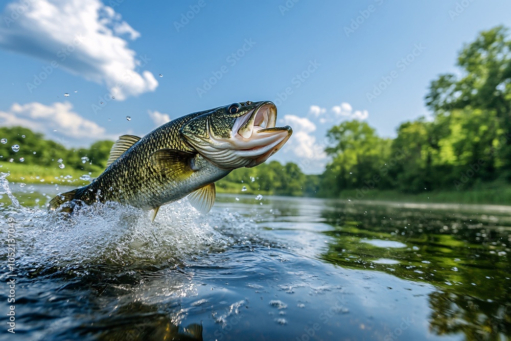 A large bass fish leaps out of the clear water, creating splashes against a backdrop of verdant trees and a bright blue sky. A large bass fish leaps out of the clear water, creating splashes against a backdrop of verdant trees and a bright blue sky.