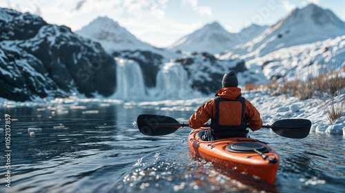 Lone kayaker, wearing a vibrant orange jacket and a black beanie, paddling on a calm lake. The lake is surrounded by majestic snow-capped mountains, and the water is so clear that the kayaker's reflec