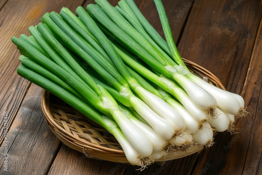 Green onions tied in a neat bundle, their tops and bulbs clean and fresh, perfect for market display Green onions tied in a neat bundle, their tops and bulbs clean and fresh, perfect for market display