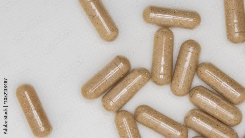 Top view of Brown herbal supplement capsules spilling from a bottle onto a white surface Top view of Brown herbal supplement capsules spilling from a bottle onto a white surface