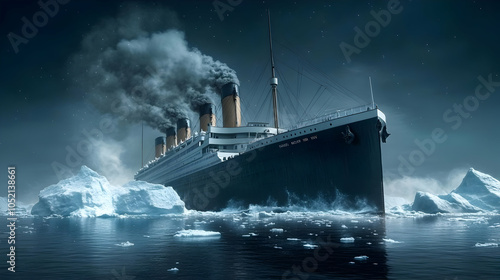 Ocean Liner and Icebergs in...