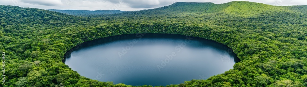 Obraz premium A stunning aerial view of a circular lake surrounded by lush greenery and hills, showcasing the beauty of nature.