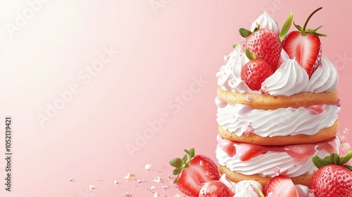 Strawberry shortcake with whipped cream layers, pastel background, text area