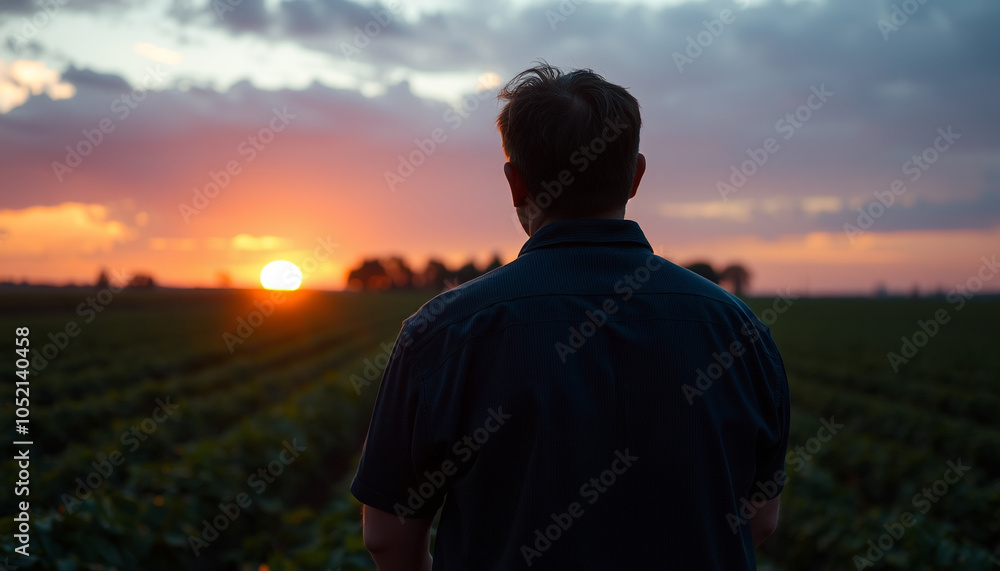 Obraz premium Back view of a man watching a beautiful sunset in a serene landscape