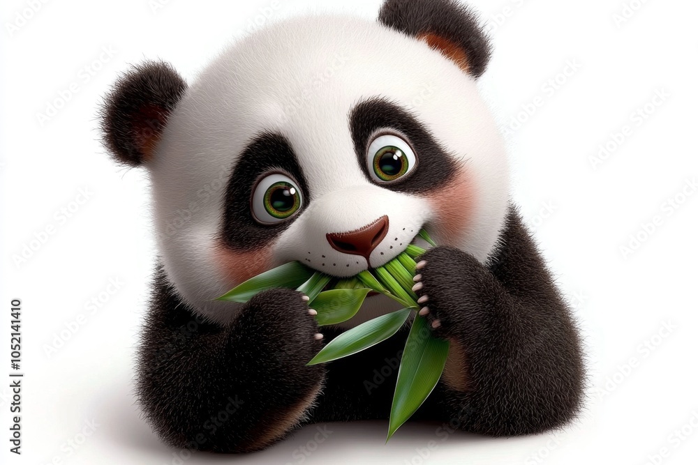 Fototapeta premium a 2D cartoon illustration of a baby panda eating bamboo cute and fluffy white background