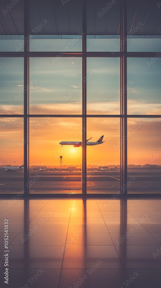 Fototapeta premium Airplane is landing at sunset, viewed through the windows of an airport terminal, with the sun reflecting on the floor