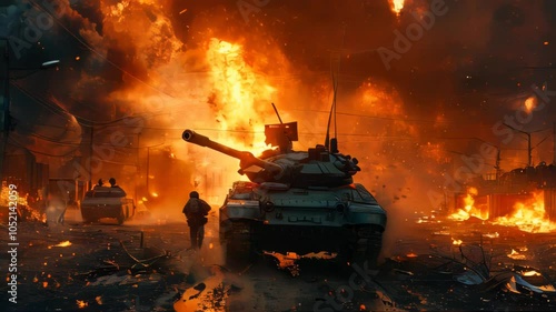 Large combat military tank and explosions during combat operations in the war, the tank explodes and shoots