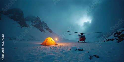 Rescue and supply helicopter for emergency assistance in inaccessible mountains before an approaching storm, emergency air rescue photo