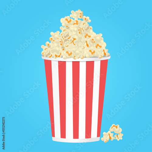 Popcorn bucket full of popcorn in red and white paper container on blue background. Popcorn tub vector. Paper bag full of popcorn. Cinema, Movie concept element design.