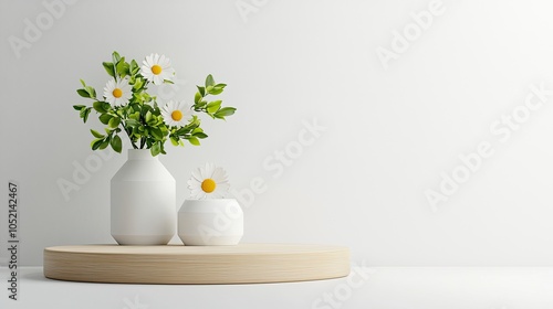 The display features a white wooden structure elegantly framing lush greenery, creating a serene, minimalist aesthetic