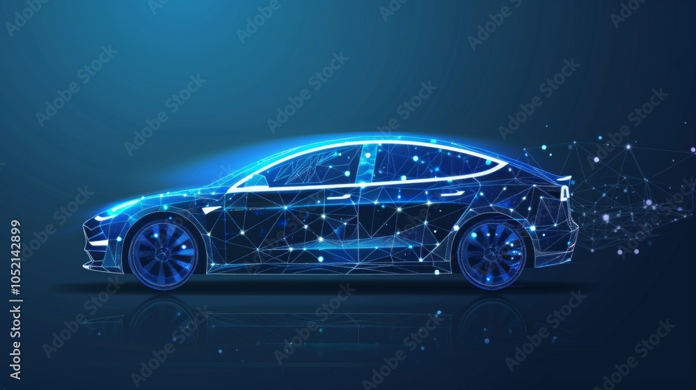3D car model with blue particle network, low poly design. Stylized, futuristic theme on dark blue background, 3D car model with blue particle network, low poly design. Stylized, futuristic theme on dark blue background,