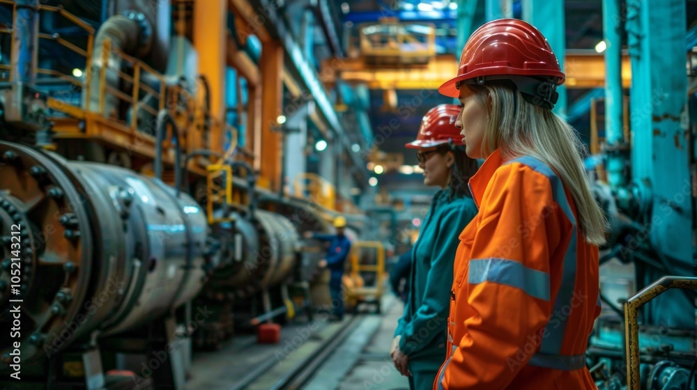 Obraz premium Diverse workers in a factory wear safety gear, work with heavy machinery. Teamwork, readiness highlighted in the industrial setting.