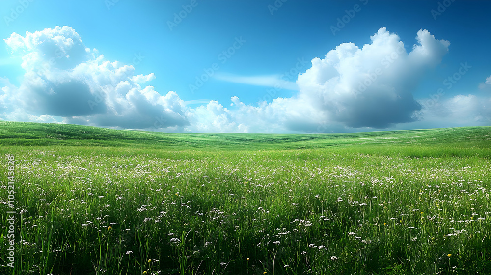 Obraz premium Green Grass Field with White Flowers and Blue Sky Illustration