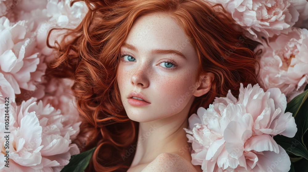 A young woman with red hair surrounded by blooming peonies in a serene setting showcasing natural beauty and tranquility