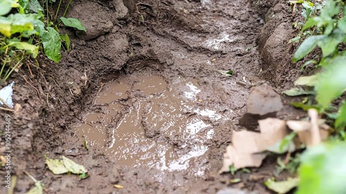 A muddy surface shows water pooling, framed by lush green foliage and fallen leaves, indicating a damp environment.