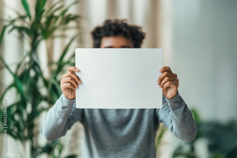 Person holds blank privacy shield in front of their face, conveying anonymity and protection. Serene indoor setting adds to minimalist design. Person holds blank privacy shield in front of their face, conveying anonymity and protection. Serene indoor setting adds to minimalist design.