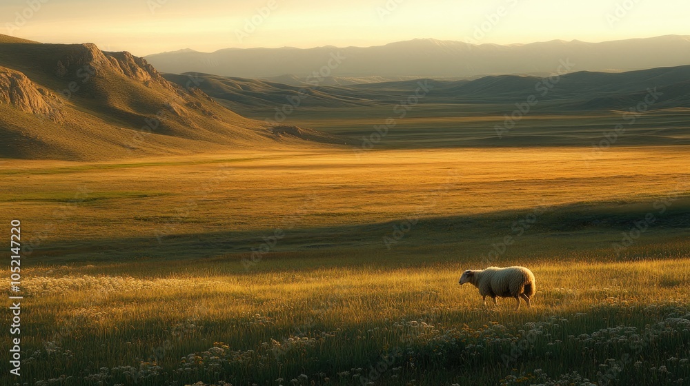 Obraz premium Solitary sheep in a wide-open pasture, with rich green grass, wildflowers, and the soft glow of early morning light.