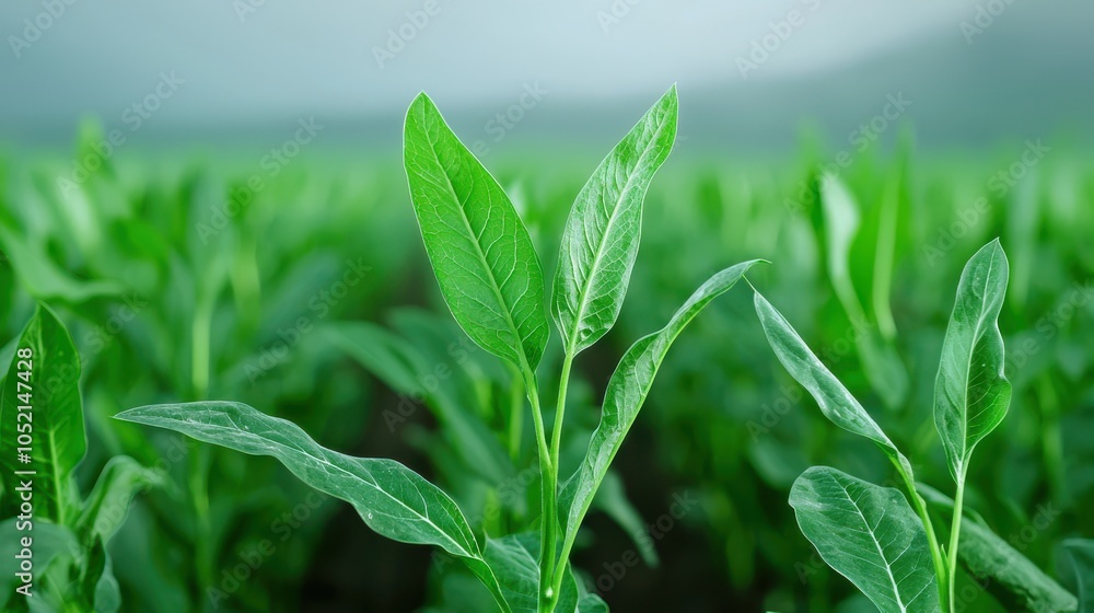 Vibrant green leaves of young plant in lush field, symbolizing growth and sustainability in agriculture. fresh foliage stands out against blurred natural background Vibrant green leaves of young plant in lush field, symbolizing growth and sustainability in agriculture. fresh foliage stands out against blurred natural background