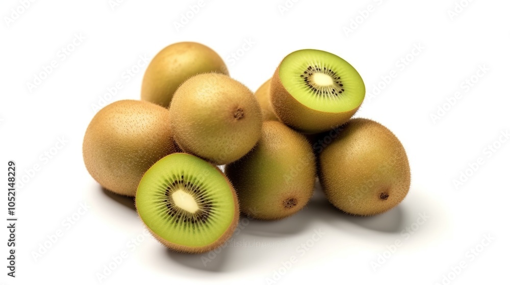 Obraz premium A group of whole and halved green kiwis on a white background.