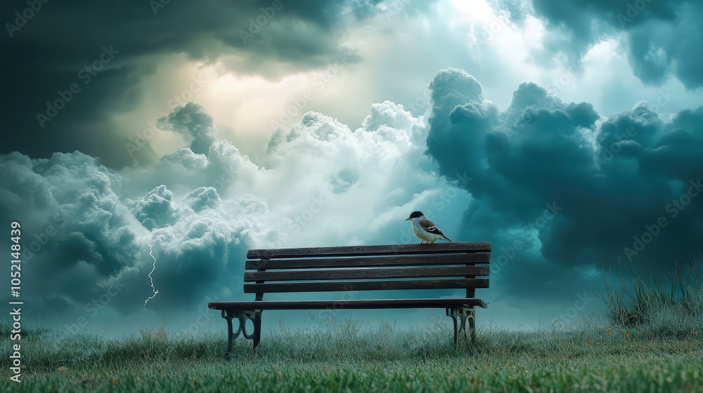 horrible sky thunder weather in park on little bird sitting on bench in sky. horrible sky thunder weather in park on little bird sitting on bench in sky.