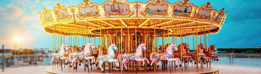 Fototapeta premium A vibrant carousel featuring beautifully crafted horses, capturing the essence of joy and nostalgia at a sunny amusement park.