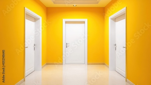 Bright and modern hallway with three white doors against a vibrant yellow wall, creating a cheerful and welcoming atmosphere.