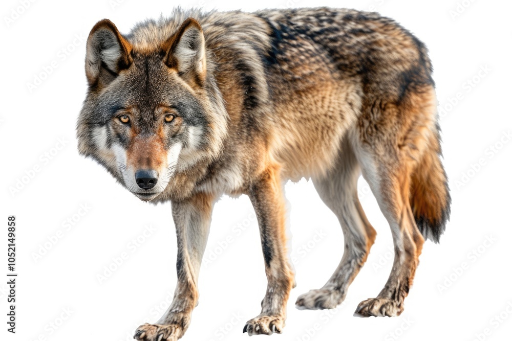 Young wolf staring at its chase. Isolated on white. wolf wolf Young wolf staring at its chase. Isolated on white. wolf wolf