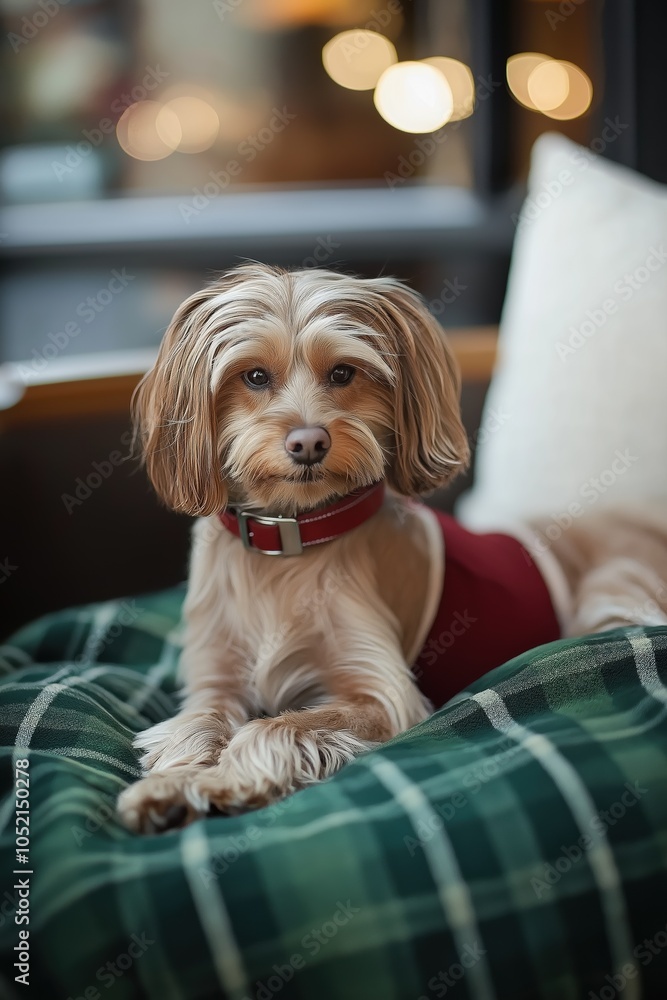 A small dog is sitting on a green and white plaid blanket. The dog is wearing a red collar and he is covered in snow A small dog is sitting on a green and white plaid blanket. The dog is wearing a red collar and he is covered in snow