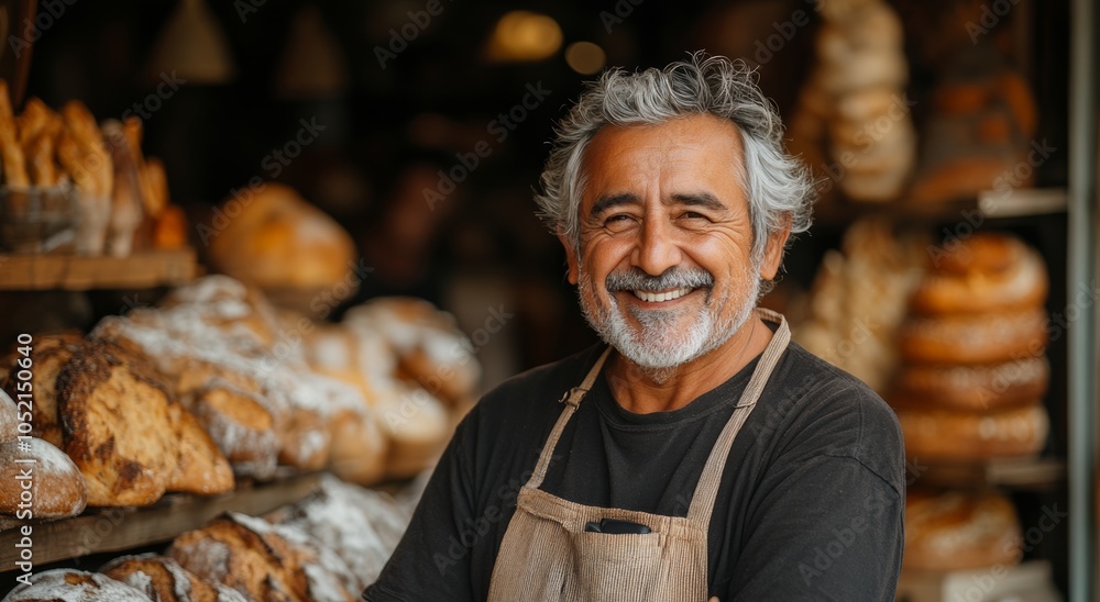 Smiling older man wearing a chef's hat stands in front of a bakery display. He is wearing an apron and he is proud of his work. Happy Baker in his Shop Smiling older man wearing a chef's hat stands in front of a bakery display. He is wearing an apron and he is proud of his work. Happy Baker in his Shop