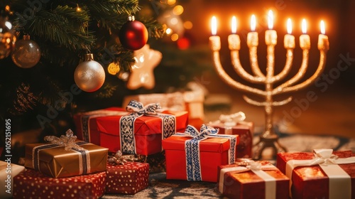 A festive celebration of lights and joy christmas and hanukkah converge with beautiful decorations and gifts under the tree