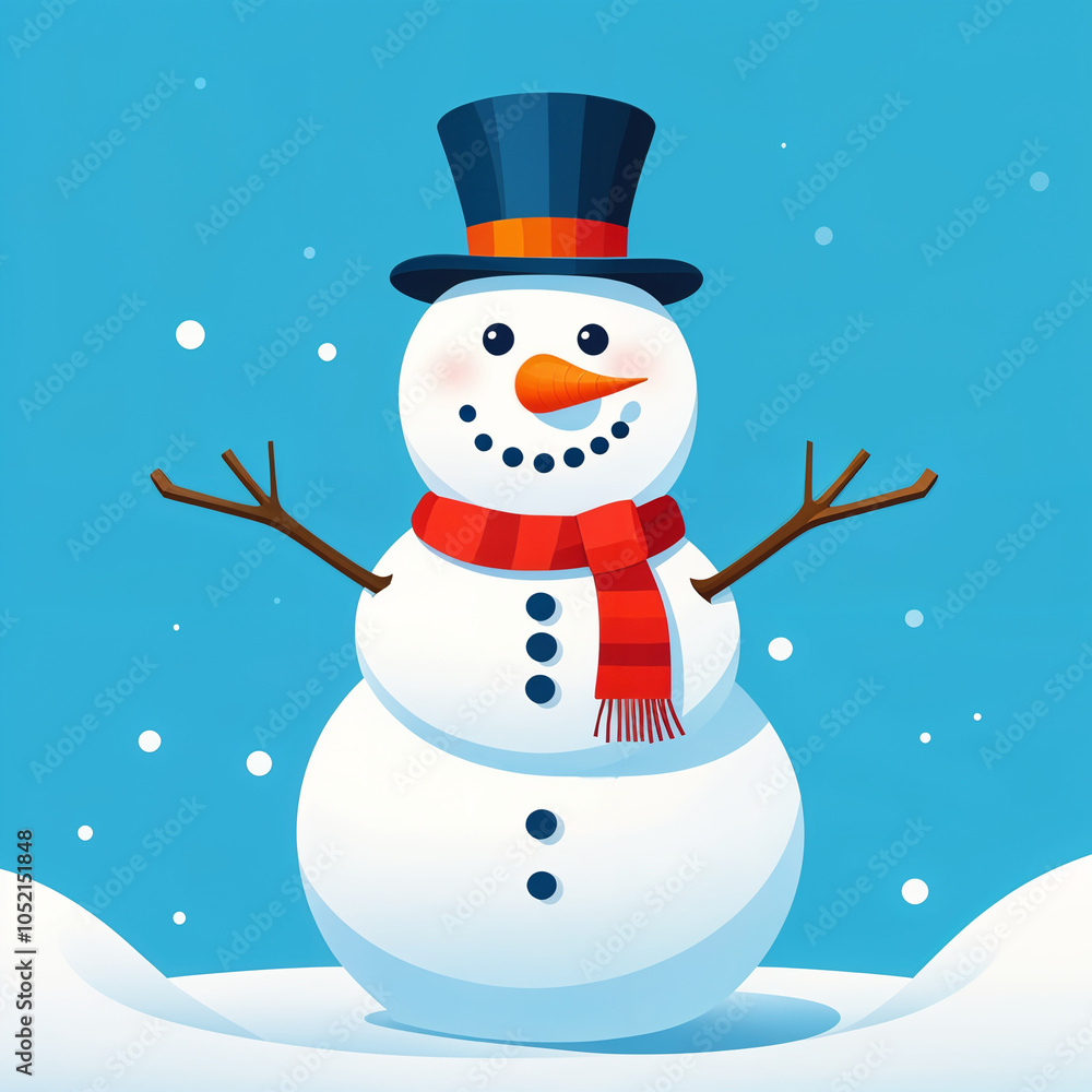 Cute cheerful snowman in a top hat, blue background Cute cheerful snowman in a top hat, blue background