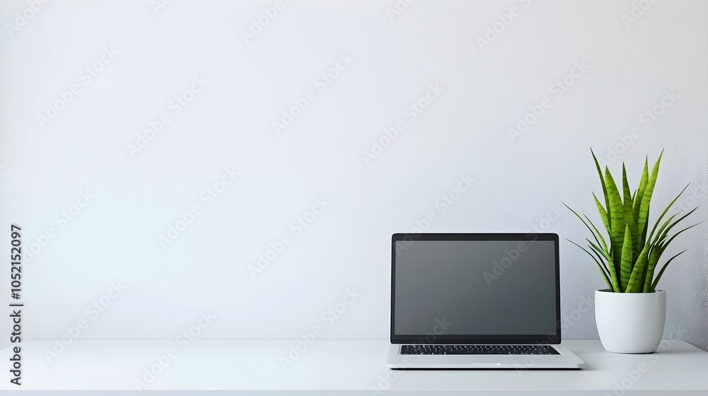 Minimalist Workspace with Laptop and Potted Plant for Productive Focus Minimalist Workspace with Laptop and Potted Plant for Productive Focus