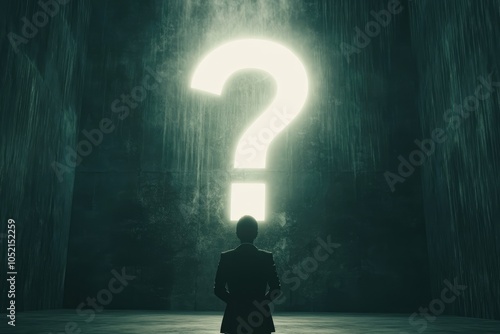 A Person in Business Attire Standing Before a Giant, Glowing Question Mark Suspended Against a Dark Background, Gazing Upward in Contemplation