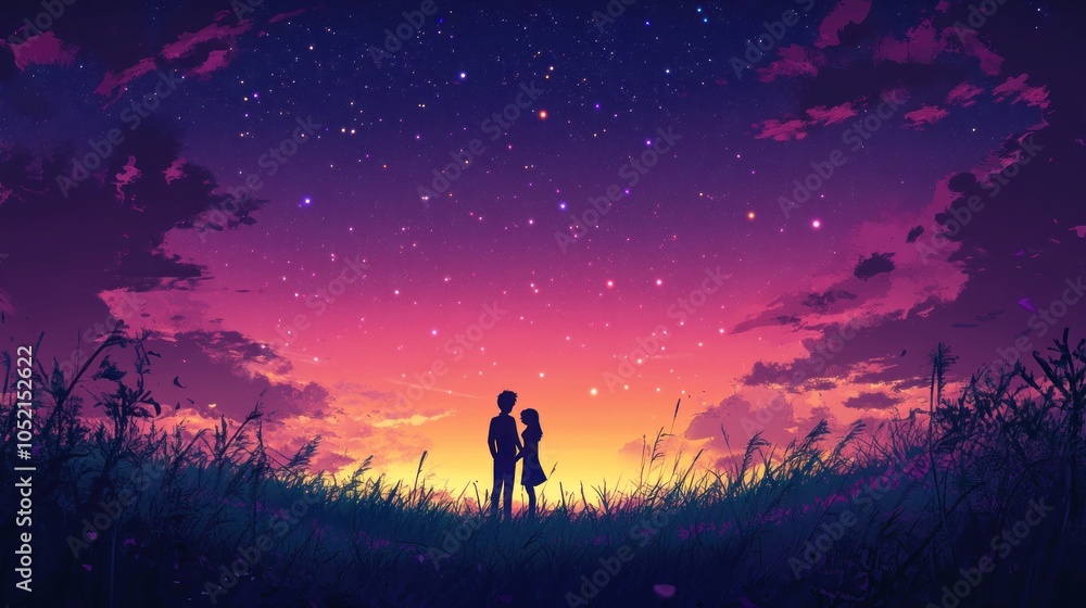 Fototapeta premium Couple Silhouette Under Starry Sky