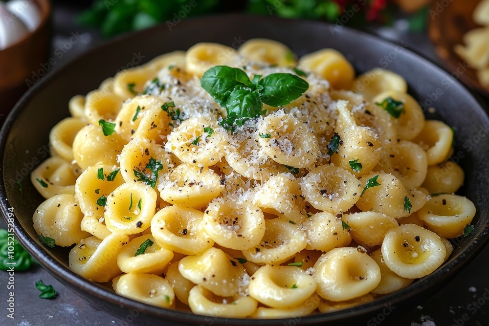 Close-Up of Delicious Orecchiette Pasta with Basil and Parmesan Close-Up of Delicious Orecchiette Pasta with Basil and Parmesan