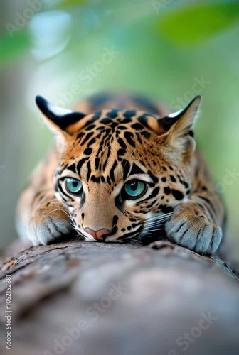 close-up of a jaguar's face. The cat is resting its head on a tree branch, with its eyes looking directly at the camera. Its fur is a mix of brown and black spots, and its ears are perked up. The back