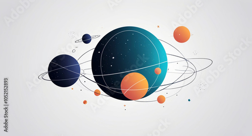 A modern, minimalist vector design featuring geometric shapes and patterns inspired by cosmic elements spheres as planets, with lines and curves symbolizing celestial bodies