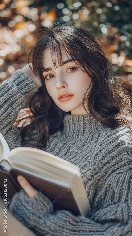 Cozy autumn vibes: a young woman in a chunky knit sweater reads a book outdoors, surrounded by warm bokeh lights and fall foliage, capturing a serene moment of literary escape. Cozy autumn vibes: a young woman in a chunky knit sweater reads a book outdoors, surrounded by warm bokeh lights and fall foliage, capturing a serene moment of literary escape.