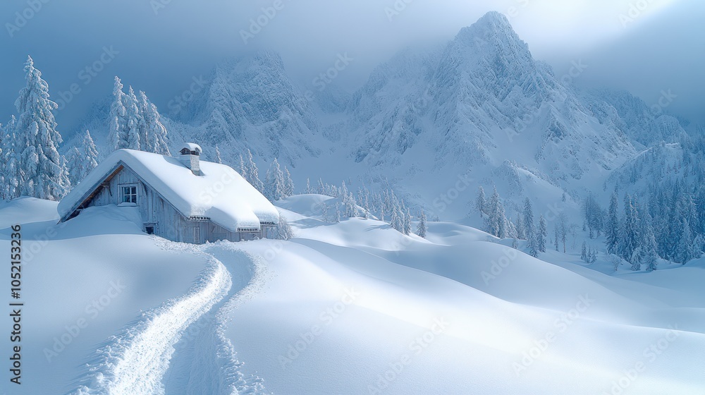 Fototapeta premium Snow-Covered Cabin Nestled in a Snowy Mountain Landscape