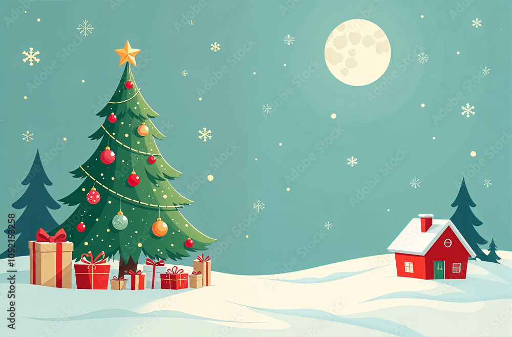 Obraz premium Decorated Christmas tree with wrapped gifts standing in the forest on the snow, New Year Eve, holiday card